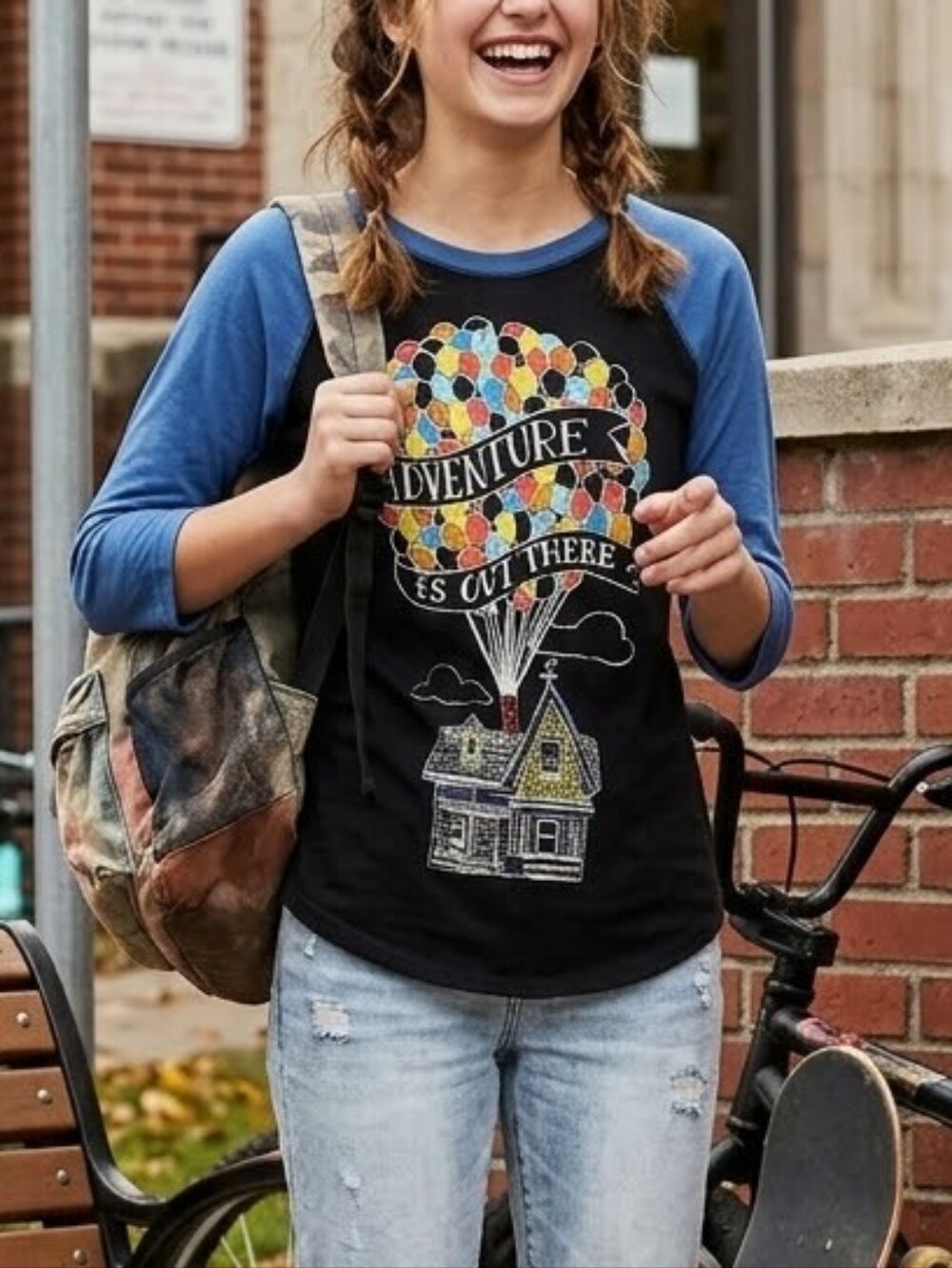 Disney Black Raglan Top with Blue Sleeves and Colorful Balloon Print